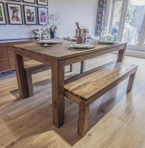 Karang reclaimed wood dining table and benches